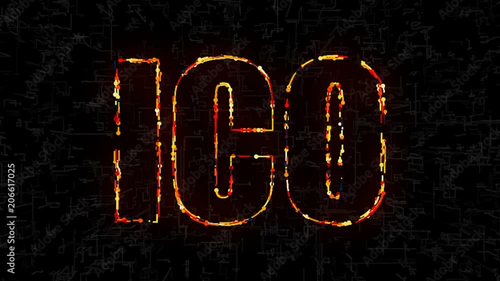 Poster text ico (initial coin offering) with digital elements, 3d render computer generating backdrop