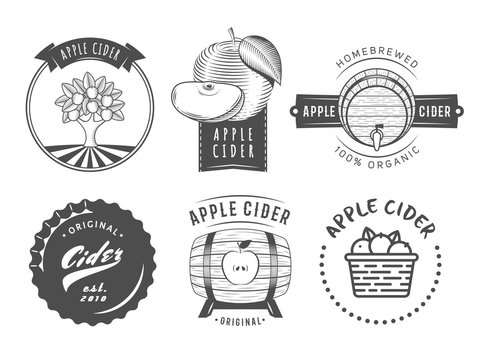 Vector cider labels and logos. Set of vintage badges for apple cider drink. 