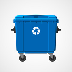 Blue big recycle bin isolated on white background. Flat style. Vector.