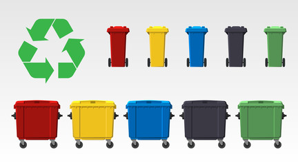 Different colors recycle bins isolated on white background. Flat style. Vector. - obrazy, fototapety, plakaty