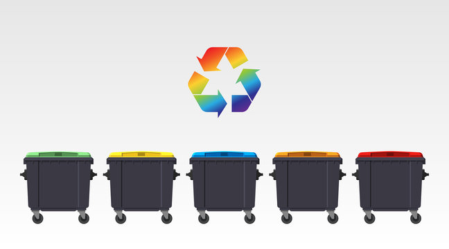 Different colors recycle bins isolated on white background. Flat style. Vector.