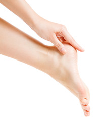 Foot Heel Skin Care, Woman Touch Healthy Feet Body by Hand, Leg Isolated over White Background