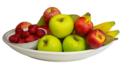 Naklejka na ściany i meble Isolierter Obstteller mit Bananen, Äpfeln, Birnen, Erdbeeren und Nektarinen