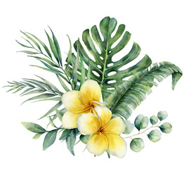 Watercolor floral tropical bouquet with plumeria and silver dollar eucalyptus. Hand painted monstera, palm branch, frangipani isolated on white background. Illustration for design, print, background.