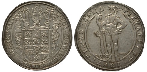 Germany German silver coin 1 one thaler 1651, Land Braunschweig Luneburg, shield with knights helmets on top, giant aka janitor holding tree, 