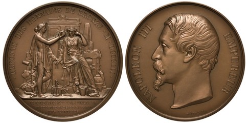France French medal circa 1852 on recasting republican type coins into imperial, two allegorical...