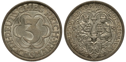 Germany, German silver coin 3 three mark 1927, Weimar Republic, denomination in center, 1000th Anniversary of Nordhausen, two kings under vault of castle, knights helmet in front, 