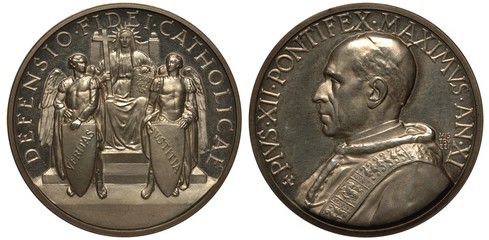 Vatican silver medal Protecting Catholicism, virgin Mary on throne holding Gospel and cross, two...