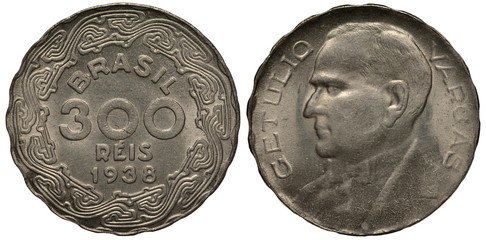 Brazil Brazilian coin 300 three hundred reis 1938, denomination and date within circular ornament,...