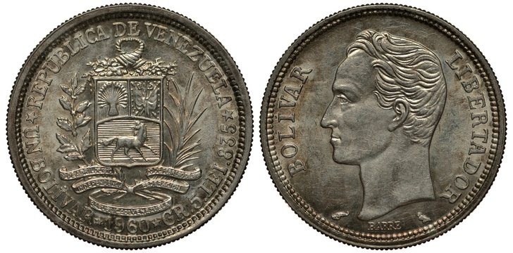 Venezuela Venezuelan silver coin 1 one bolivar 1960, shield with horse, stripes and two horns of plenty on top flanked by plant branches, ribbon below, Bolivar head left, patina,