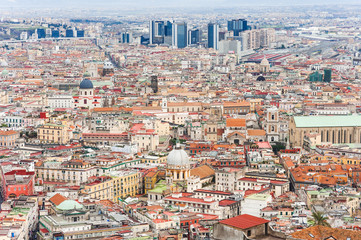 Fototapeta na wymiar Naples cityscape panoramic view from San Martino hill, on background the directional business center, Campania, Italy
