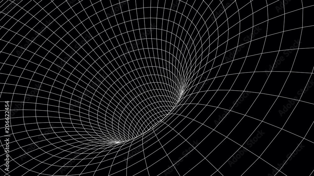 Poster Tunnel or wormhole. Abstract Wormhole Science. 3D tunnel grid.Wireframe 3D surface tunnel.Grid texture