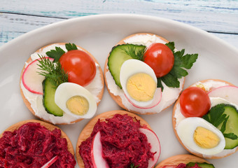 assortment of vegetable appetizers with cucumbers, radishes, eggs and herbs, small sandwiches on a white plate top view