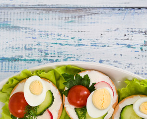assortment of vegetable appetizers with cucumbers, radishes, eggs and greens, small sandwiches on blue background top view