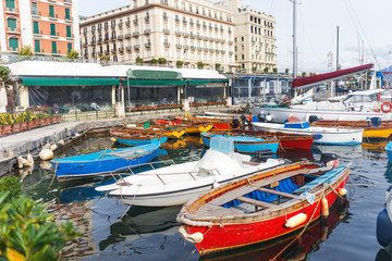 Fototapeta na wymiar Naples, Campania, Italy - fishermen boats moored in Borgo Marinari