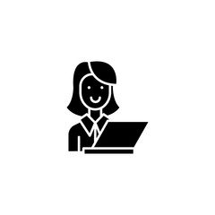 Woman in office with computer black icon concept. Woman in office with computer flat  vector symbol, sign, illustration.
