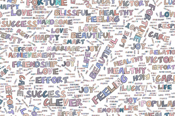 Abstract illustrations of positive emotion word cloud, conceptual. Wallpaper, pattern, effect & canvas.