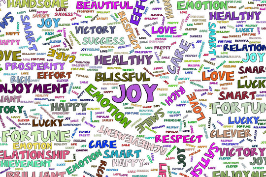 Joy, the positive emotion word cloud illustrations background abstract, hand drawn. Cover, vector, sketch & template.