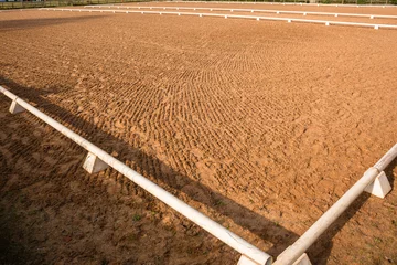 Photo sur Plexiglas Léquitation Equestrian Horse Arena outdoors sand clean prepared for show jumping dressage events