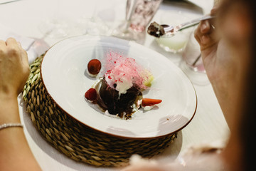 Cake wedding dessert with chocolate and fruits