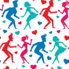 Dance_pattern/Colored silhouettes of dancing couples and heart. Seamless pattern.
