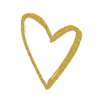 Golden hand drawn heart on white background. Heart print for fabric clothing decoration. Heart from gold glitter.