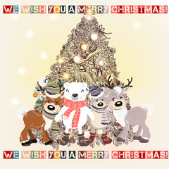Christmas or New Year greeting card with hand drawn decorated Xmas tree and plush pretty toys