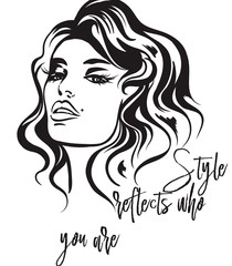Fashion vector  illustration, portrait of young woman with beautiful lips and eyes. Style reflects who you are