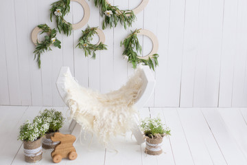 the area is decorated with greenery. photo zone. toy wooden hare. potted flowers. natural style