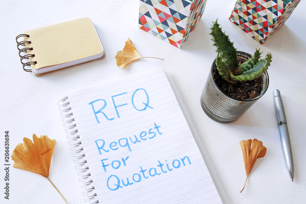 Poster rfq request for quotation written in notebook on white table