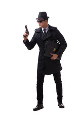 Man spy with handgun isolated on white background