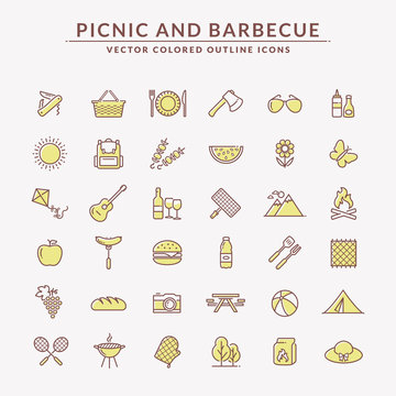 Picnic and barbecue colored outline icons.