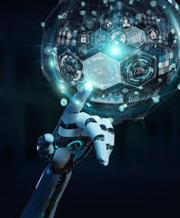 White cyborg hand using digital chart interface 3D rendering