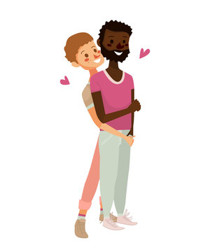 gay couple vector illustration. isolated cute homosexual boys on a white background. cartoon character design of young white black gay teenagers. lgbtg community people hugging and being in love.