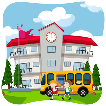Children and School Bus at School
