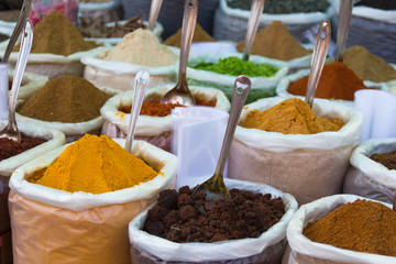 Indian food spices in Anjuna Market, Goa. Traditional culinary ingredients of India