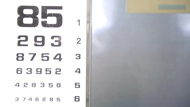 Eye examination chart in hospital. Slider dolly shot, close up. Eye care concept.