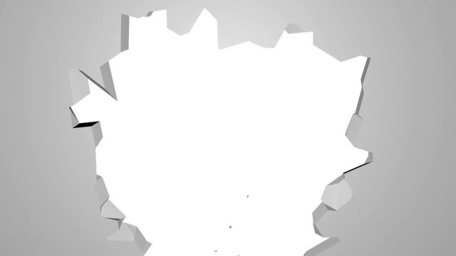 Abstract 3d rendering of cracked wall, destruction, explosion broken white wall with hole, computer generated backdrop