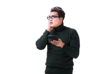 Nerd young man with calculator isolated on white