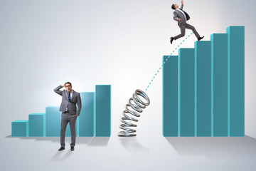 Business people jumping over bar charts