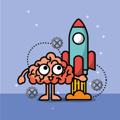 brain cartoon rocket launch creative process vector illustration