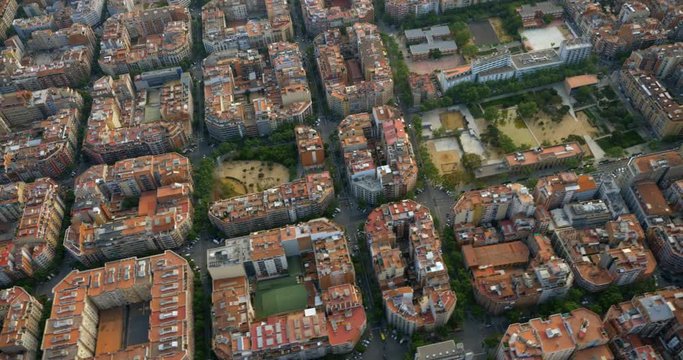 Aerial view above typical octagon city buildings in Barcelona, Spain