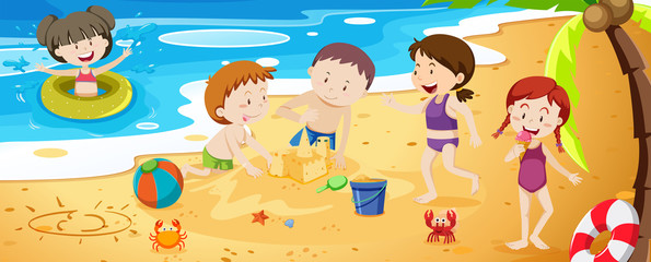 Fototapeta premium A Group of Kids Playing Next to the Beach