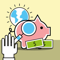 piggy bank money and world analytics and investment vector illustration