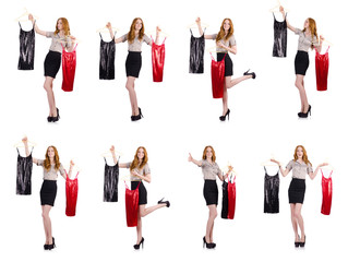 Obraz premium Woman choosing the dress isolated on white