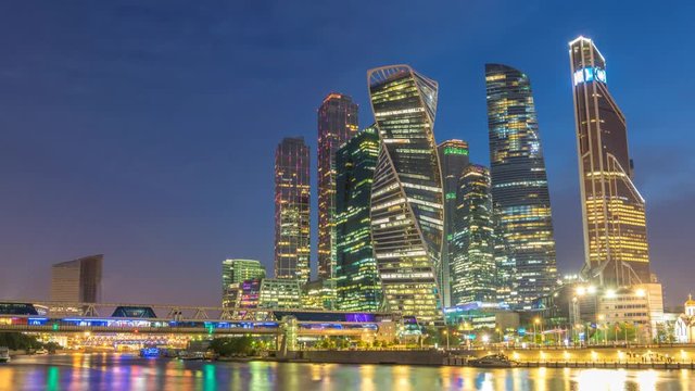 Moscow city skyline day to night timelapse at business center district and Moscow River, Moscow Russia 4K Time Lapse
