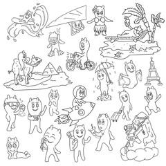 contour illustration of a set of funny little men in Chibi style with horns in different situations