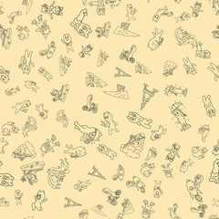 seamless_1_pattern contour illustration of funny Doodle little men in Chibi style with horns in different situations background is isolated
