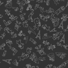 seamless_3_pattern contour illustration of funny Doodle little men in Chibi style with horns in different situations background is isolated