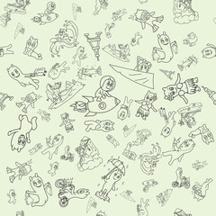 seamless_4_pattern contour illustration of funny Doodle little men in Chibi style with horns in different situations background is isolated